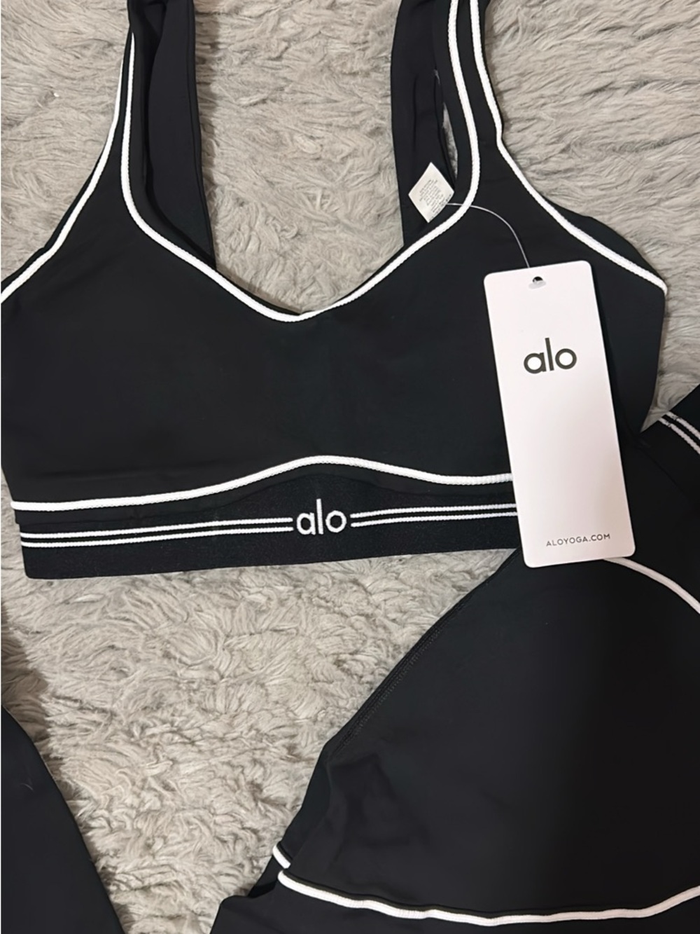 ALO Yoga Black Sports Bra and Leggings with White Piping - Picture 2 of 4